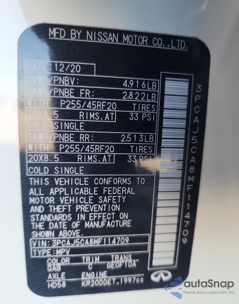 2021 Infiniti Qx50 Essential from USA, damaged, VIN 3PCAJ5CA8MF114709